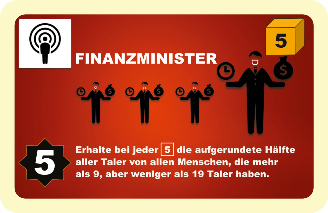 Finanzminister Erklärung der Spielkarte "Finanzminister"